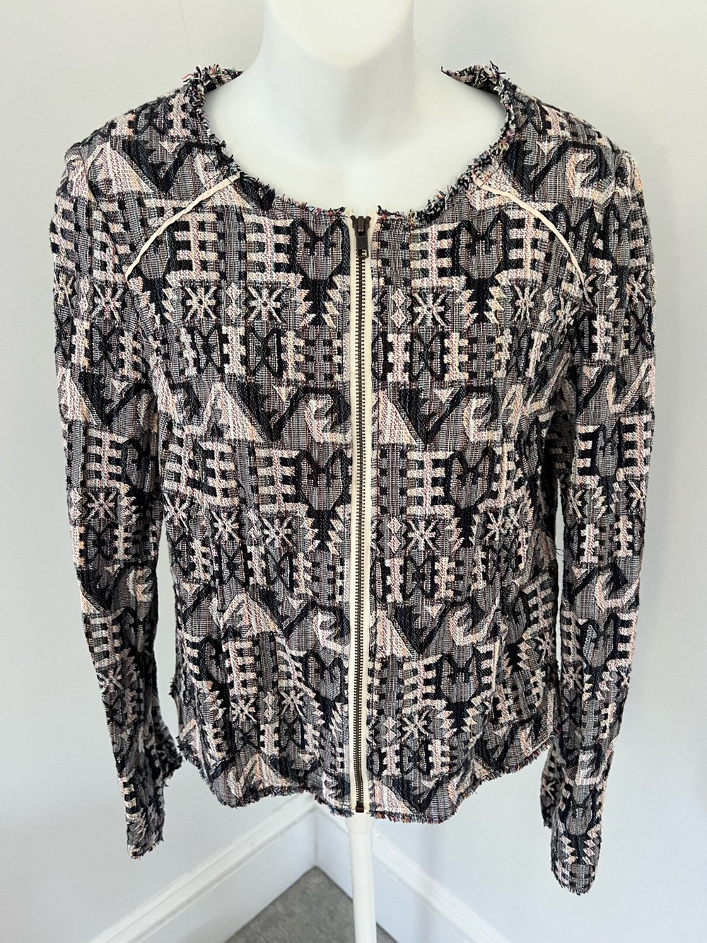Anthropologie HEI HEI Navy and Cream Geometric Zip-Front Tapestry Jacket Sz. 6